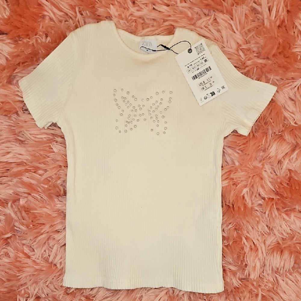 NEW Zara Kids Cream Shirt with Pearl Butterfly Design